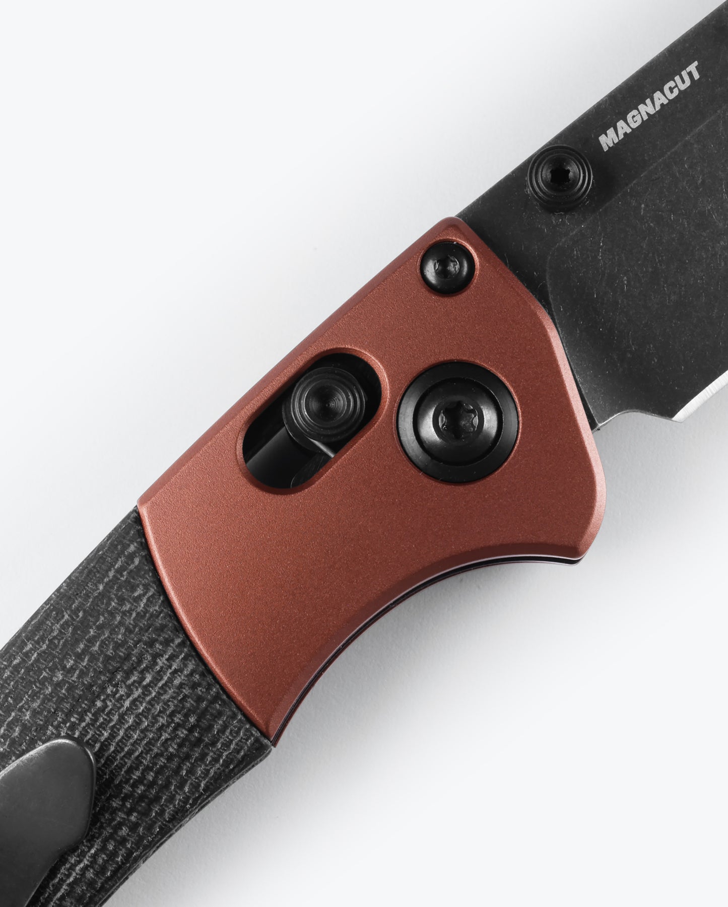 Benchmade 15085BK-04 Mini Crooked River with burnt copper anodized aluminum bolster and black hardware — ClassicBlades