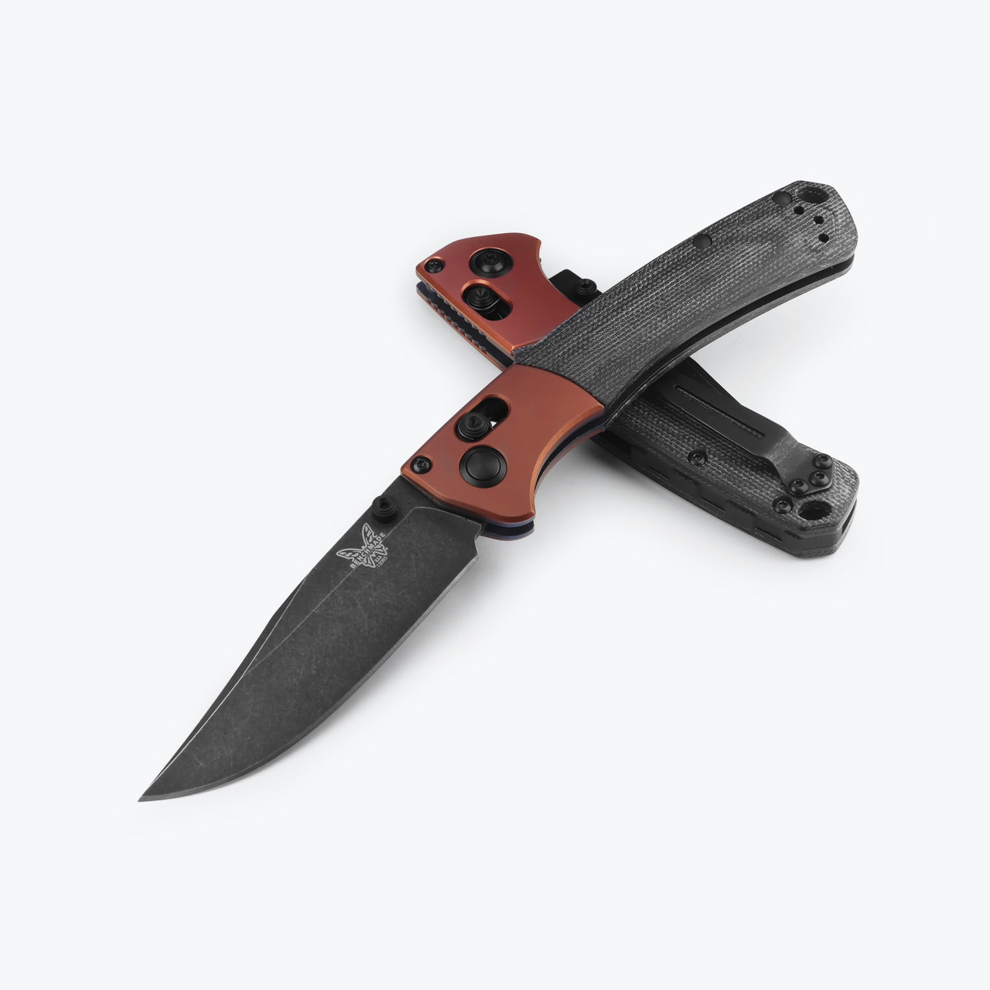 Benchmade 15085BK-04 Mini Crooked River folding knife with black canvas Micarta handle and burnt copper aluminum bolster — ClassicBlades