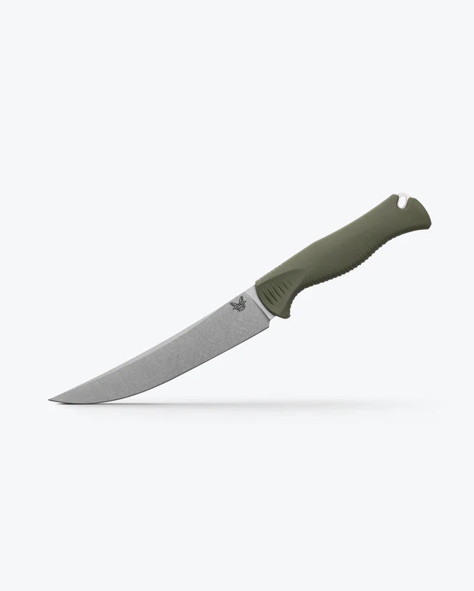 Benchmade 15500-04 Meatcrafter 6.09 inch CPM-154 stonewash trailing point blade with SelectEdge technology detail — ClassicBlades
