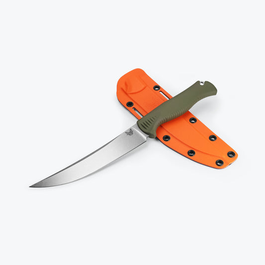 Benchmade 15500-04 Meatcrafter fixed blade knife with two-piece orange and gray Boltaron sheath — ClassicBlades