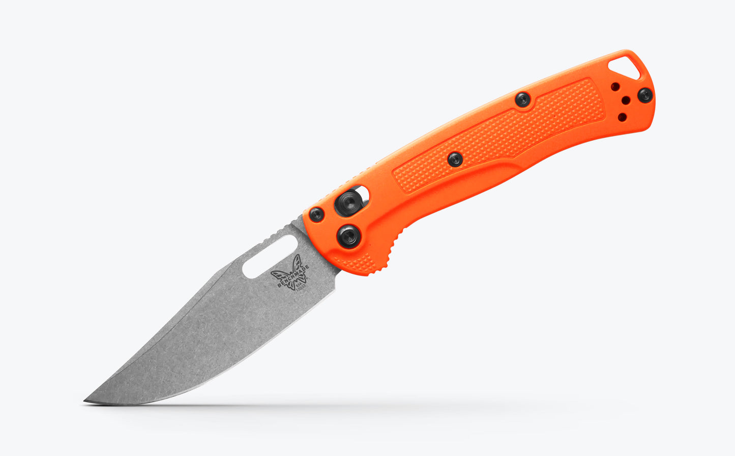 Benchmade 15533 Mini Taggedout 3.04 inch CPM-154 stonewash clip-point blade with SelectEdge technology detail — ClassicBlades
