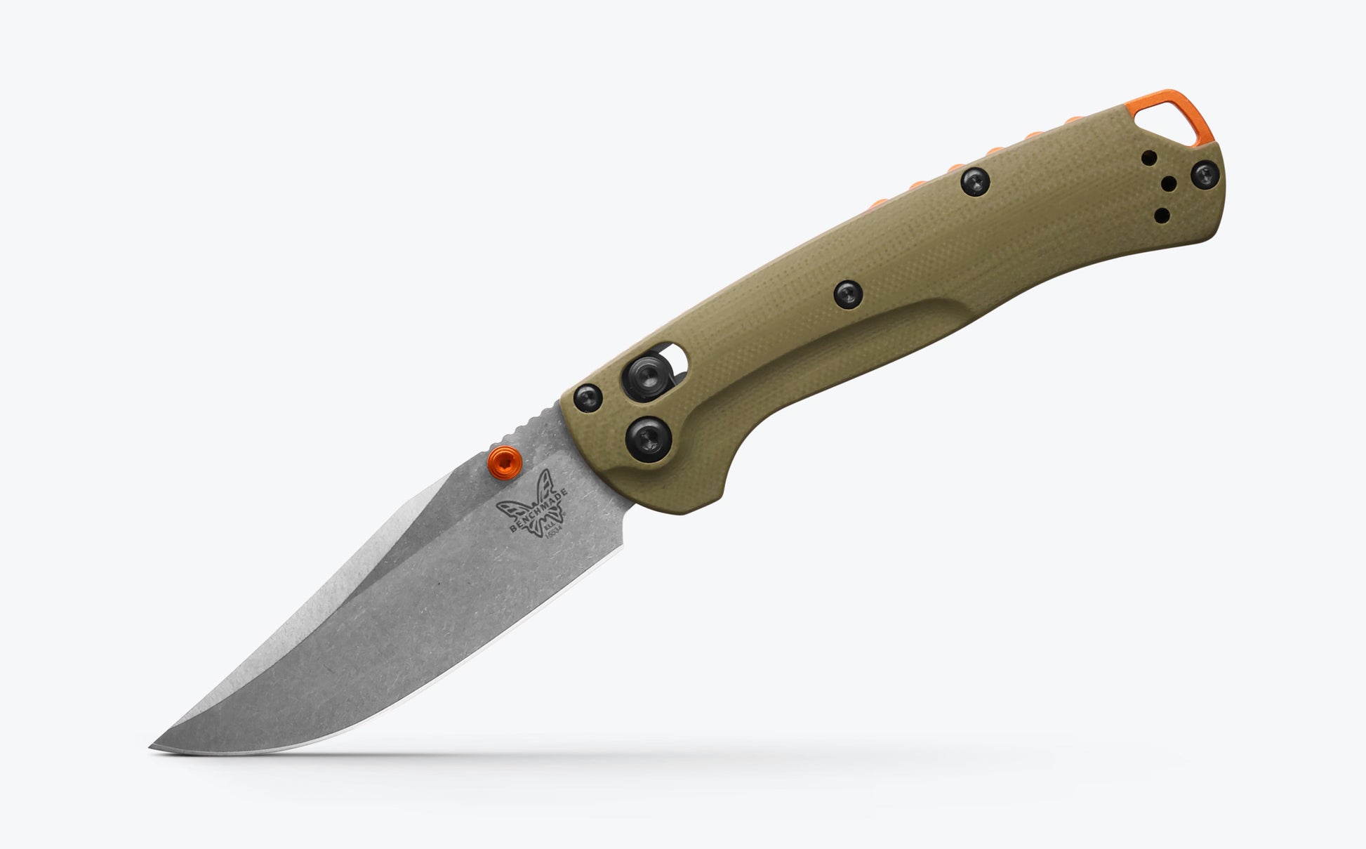 Benchmade 15534 Mini Taggedout 3.04 inch CPM-S45VN stonewash clip-point blade with SelectEdge technology detail — ClassicBlades