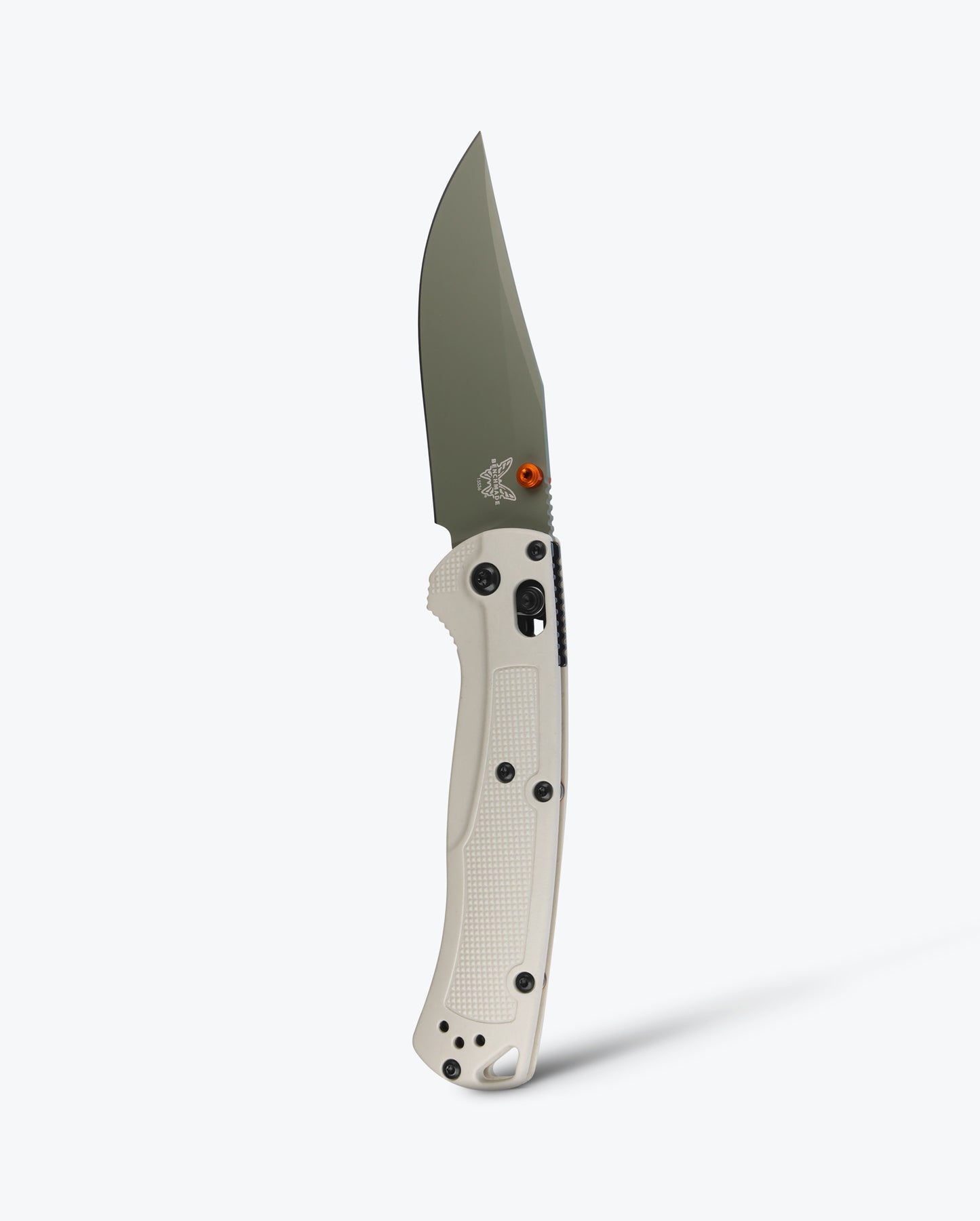 Benchmade 15536GN-01 Taggedout tan Grivory handle with orange anodized thumb stud, barrel spacers and black oxide hardware — ClassicBlades
