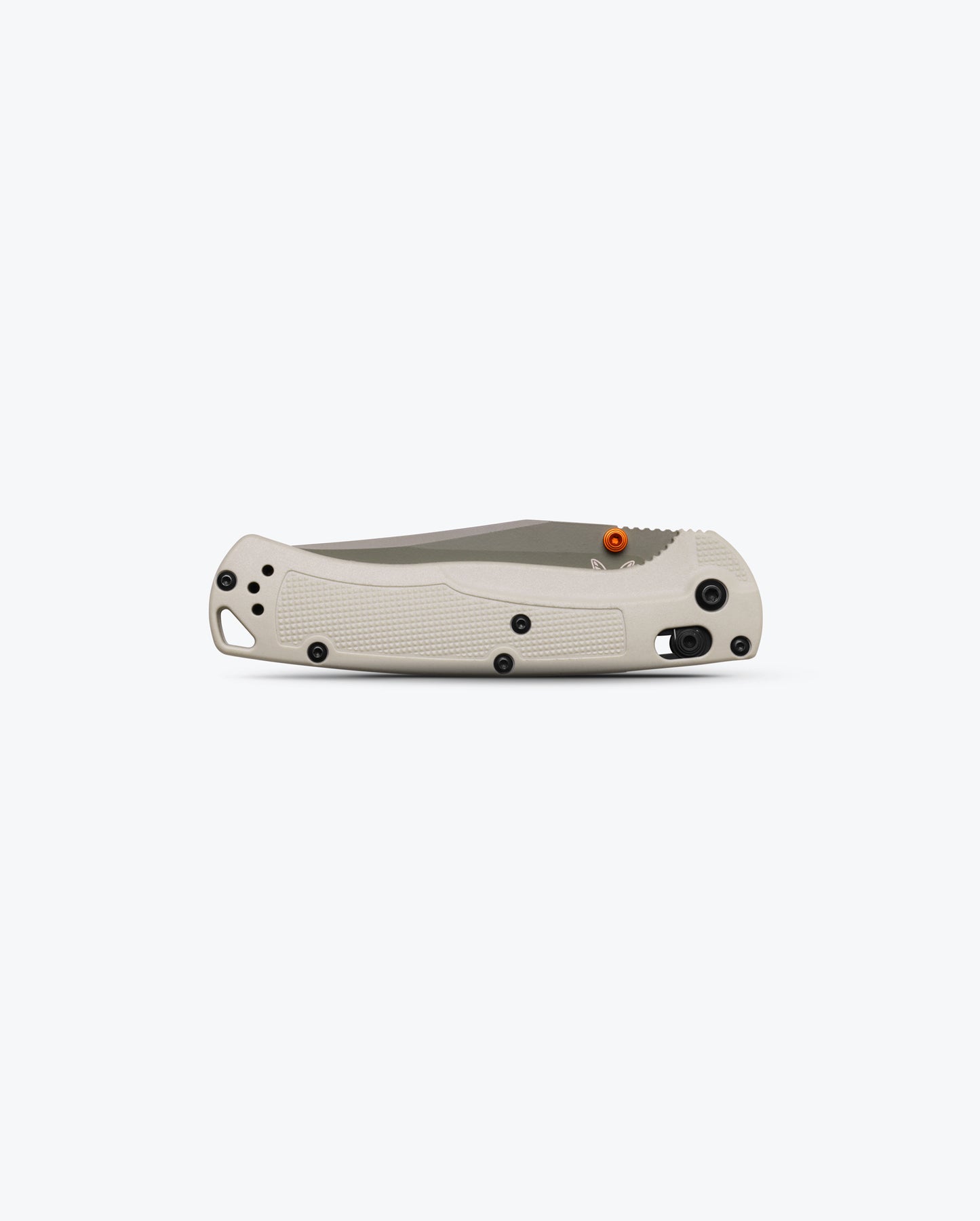 Benchmade 15536GN-01 Taggedout closed with tan Grivory handle and deep-carry pocket clip — ClassicBlades