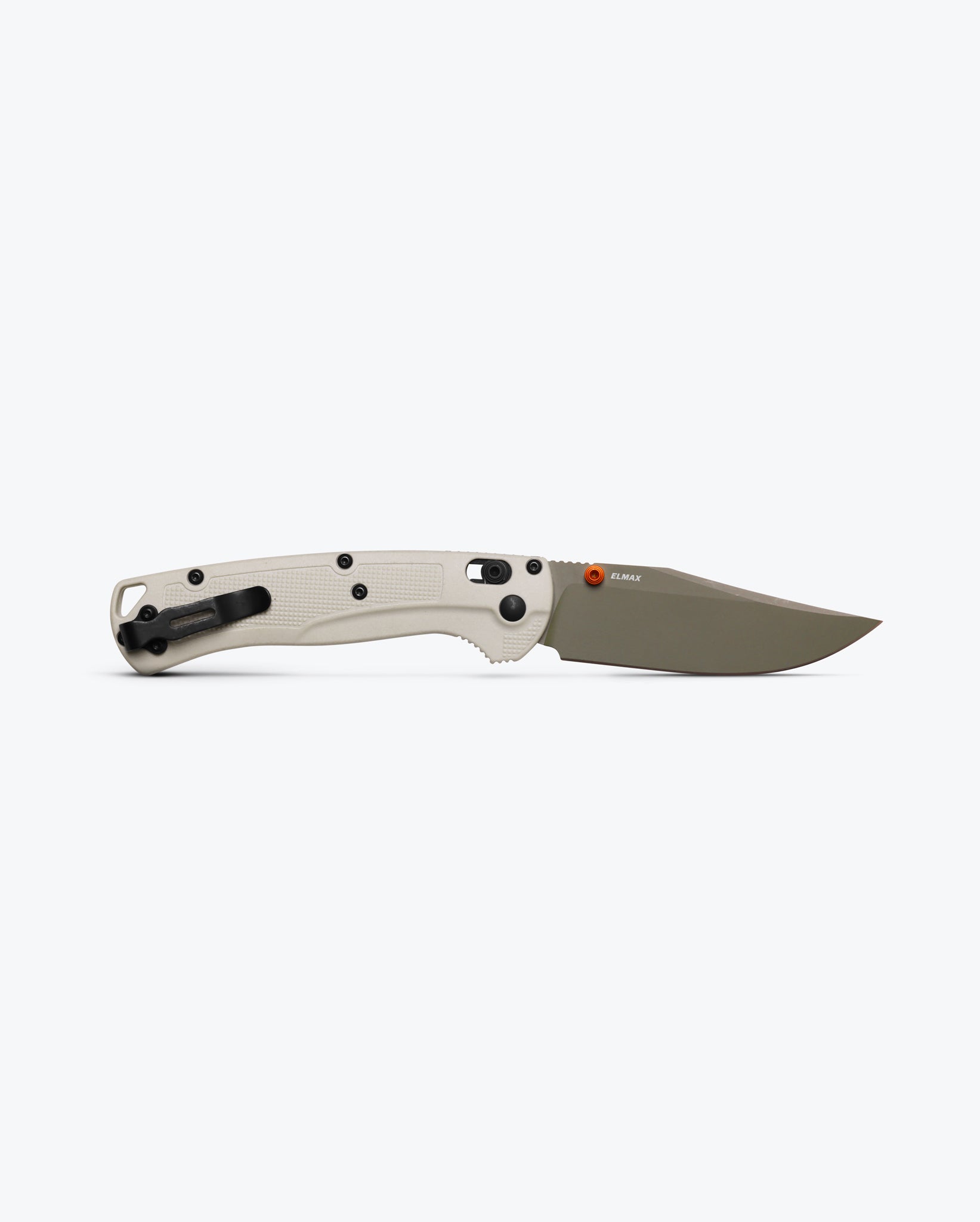 Benchmade 15536GN-01 Taggedout showing 4.63 inch profile with tan Grivory handle and deep-carry pocket clip — ClassicBlades