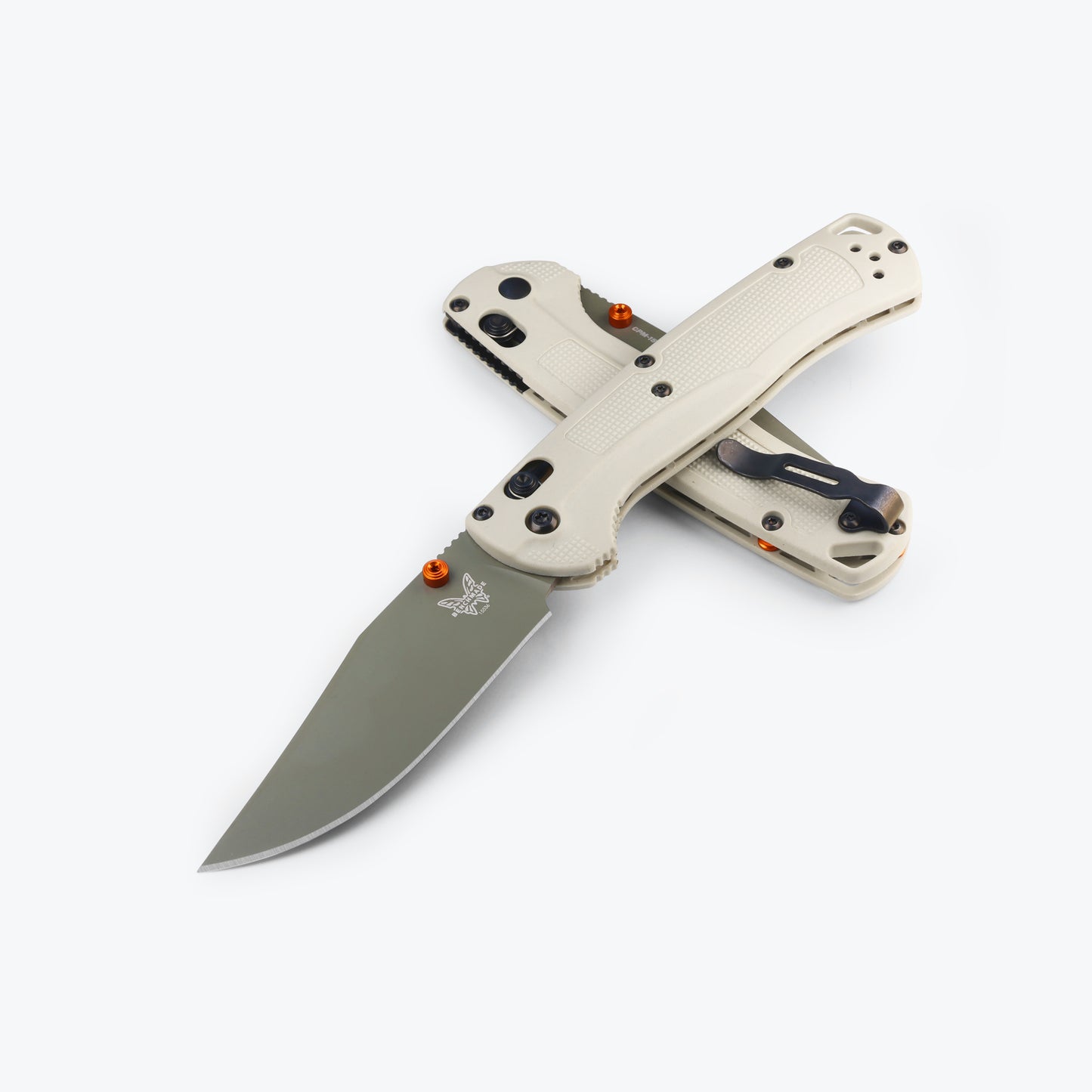 Benchmade 15536GN-01 Taggedout folding hunting knife with tan Grivory handle and orange anodized accents — ClassicBlades