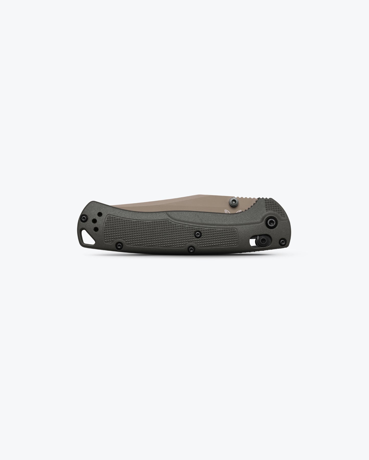 Benchmade 15536TN-02 Taggedout closed showing 4.63 inch profile with deep olive Grivory handle and deep-carry pocket clip — ClassicBlades