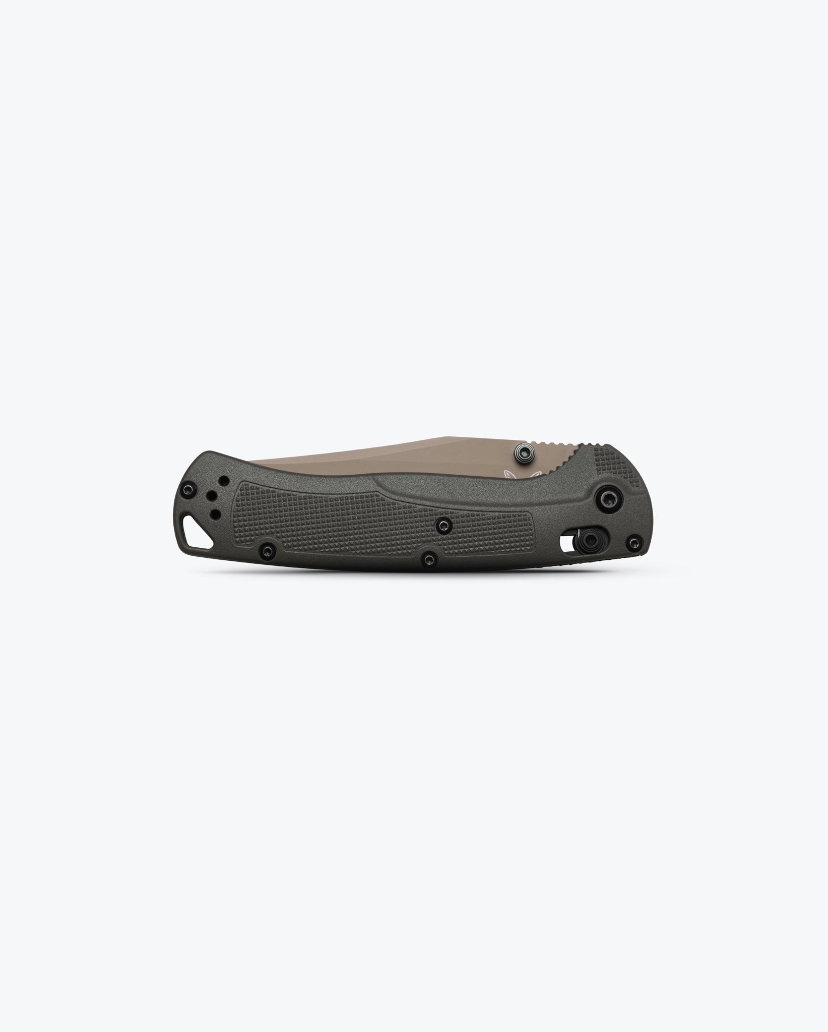 Benchmade 15536TN-02 Taggedout closed showing 4.63 inch profile with deep olive Grivory handle and deep-carry pocket clip — ClassicBlades