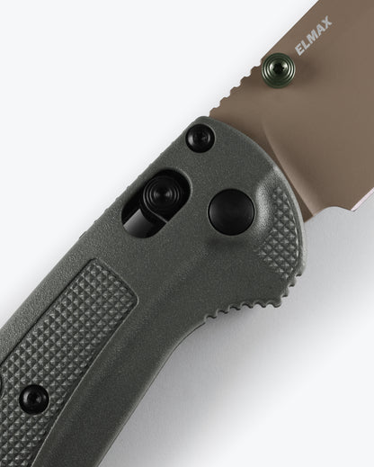 Benchmade 15536TN-02 Taggedout deep olive Grivory handle with OD green anodized thumb stud, barrel spacers and black oxide hardware — ClassicBlades