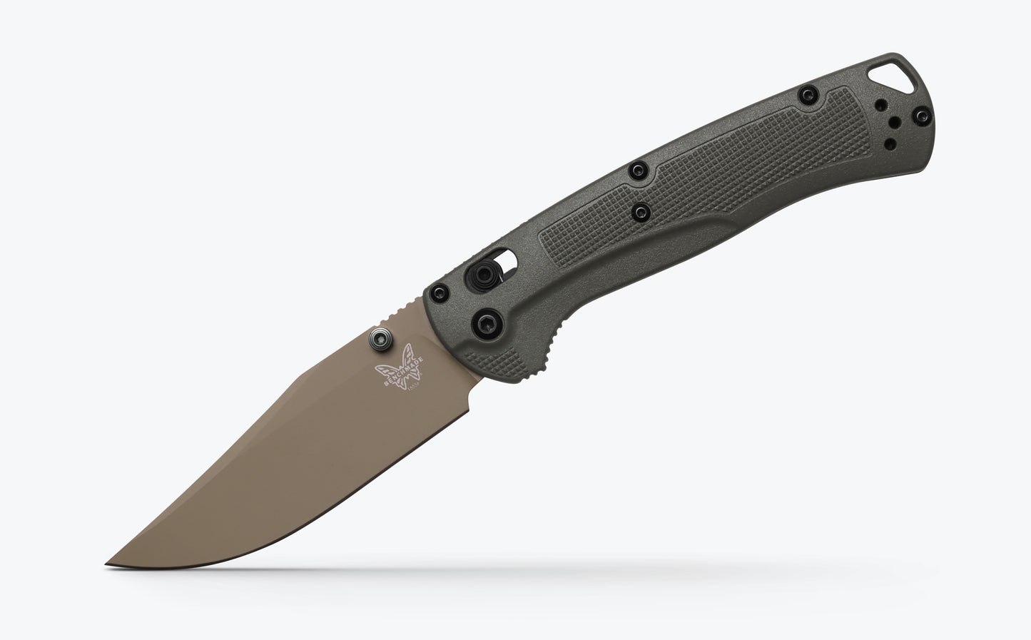 Benchmade 15536TN-02 Taggedout 3.5 inch Elmax McMillan Tan Cerakote clip-point blade detail — ClassicBlades