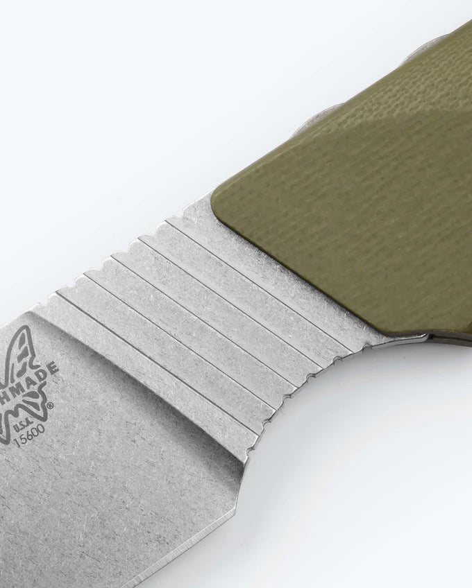Benchmade 15600-01 Raghorn OD green G10 handle with finger choil, lanyard hole and orange accent hardware — ClassicBlades