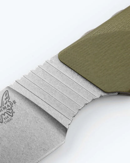 Benchmade 15600-01 Raghorn OD green G10 handle with finger choil, lanyard hole and orange accent hardware — ClassicBlades
