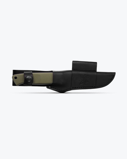 Benchmade 163-1 Bushcrafter fixed blade knife with dark brown leather belt sheath and ferro rod attachment loop — ClassicBlades