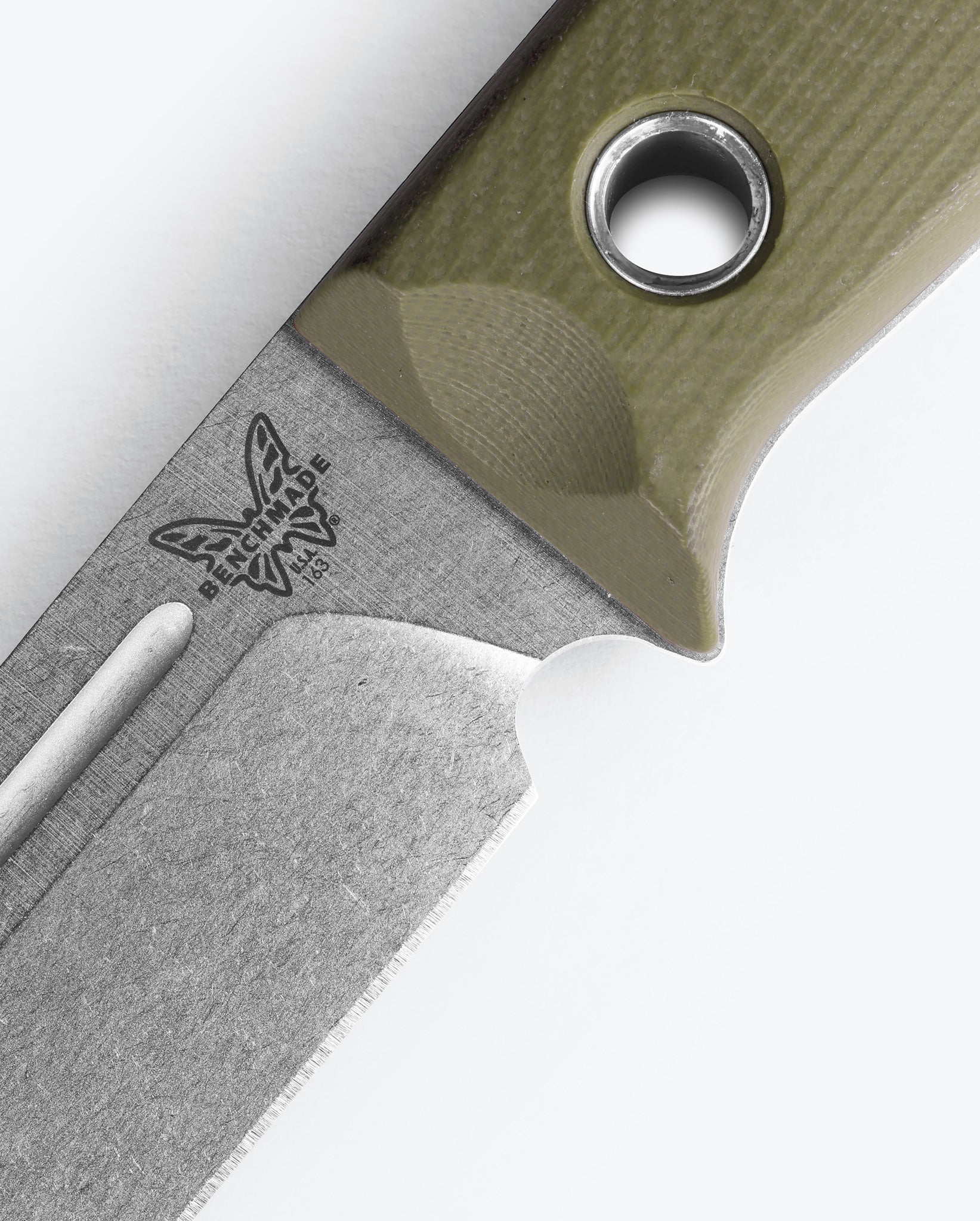 Benchmade 163-1 Bushcrafter 4.38 inch CPM-S30V stonewash drop point blade with fuller and flat grind detail — ClassicBlades