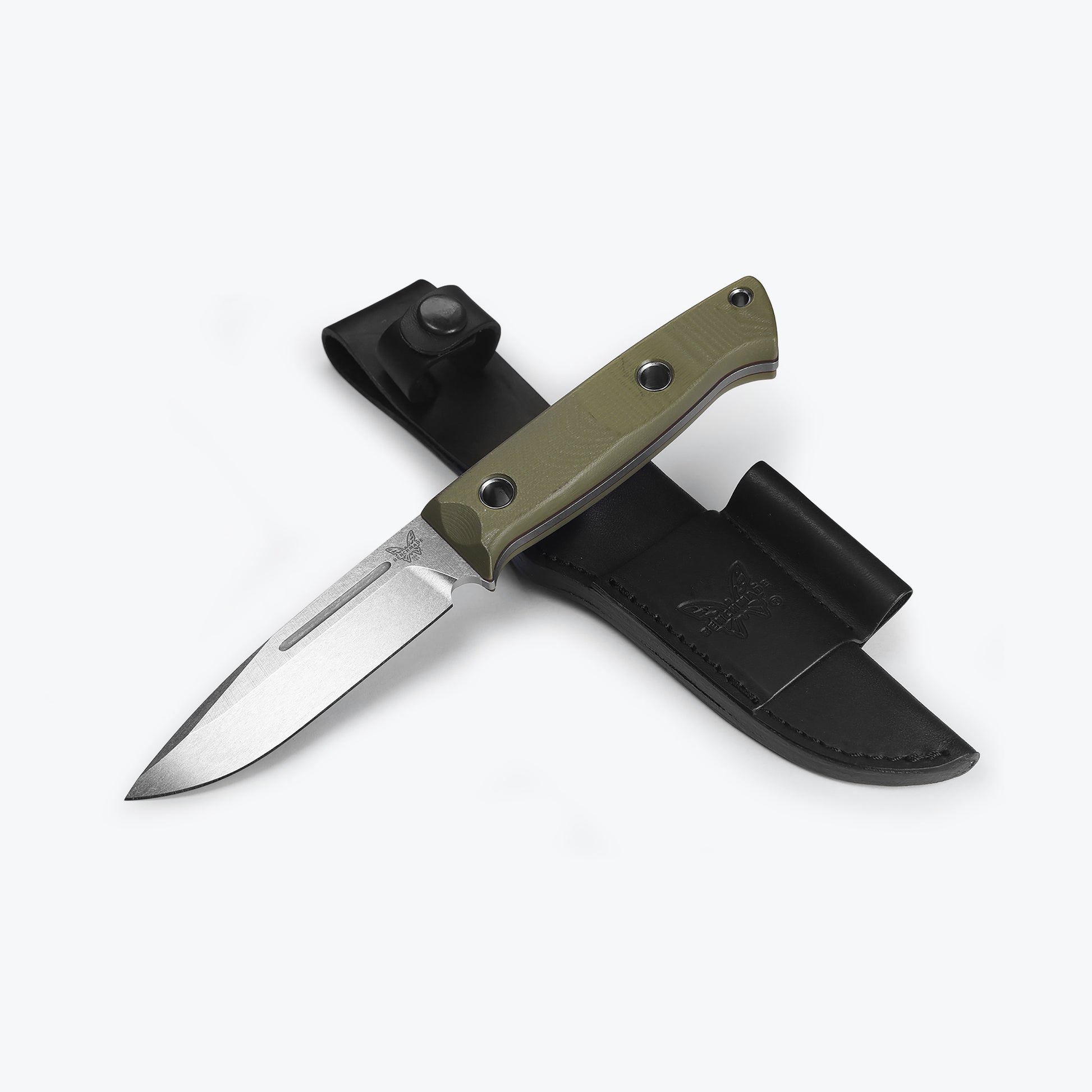 Benchmade 163-1 Bushcrafter fixed blade knife with OD green G10 handle and red G10 base layer — ClassicBlades
