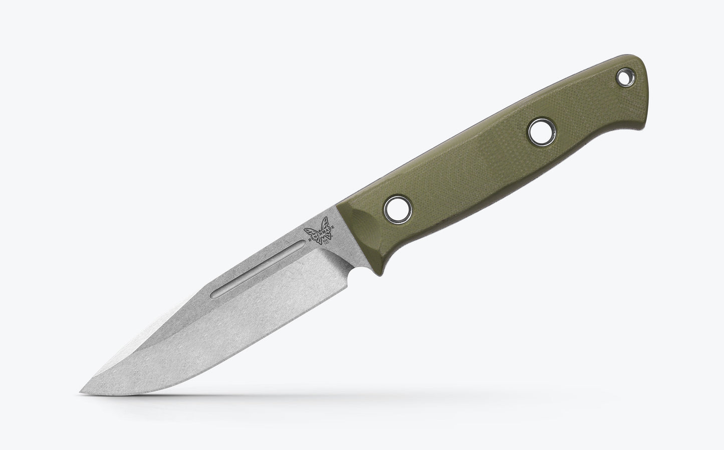 Benchmade 163-1 Bushcrafter OD green G10 handle with red base layer, hollow pins and lanyard hole — ClassicBlades