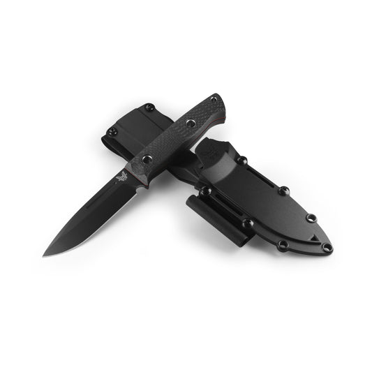 Benchmade 163BK Bushcrafter fixed blade knife with modular molded sheath and push-button retention release — ClassicBlades