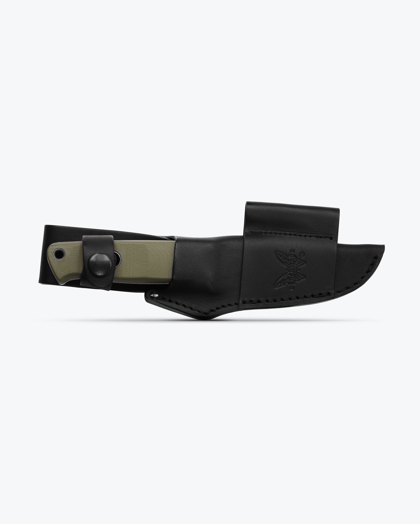 Benchmade 165-1 Mini Bushcrafter fixed blade knife with leather belt sheath and ferro rod loop — ClassicBlades