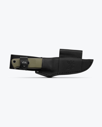 Benchmade 165-1 Mini Bushcrafter fixed blade knife with leather belt sheath and ferro rod loop — ClassicBlades