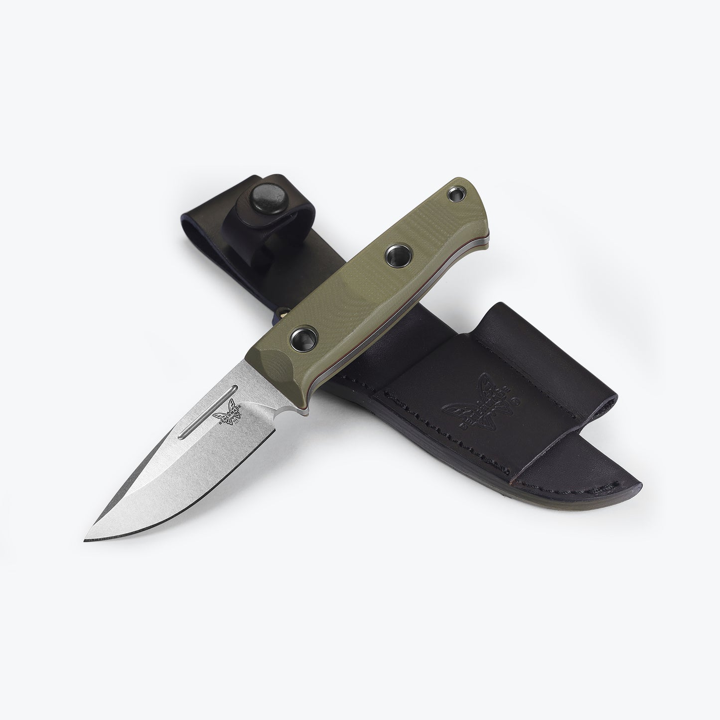 Benchmade 165-1 Mini Bushcrafter fixed blade knife with dark brown leather belt sheath and ferro rod loop — ClassicBlades