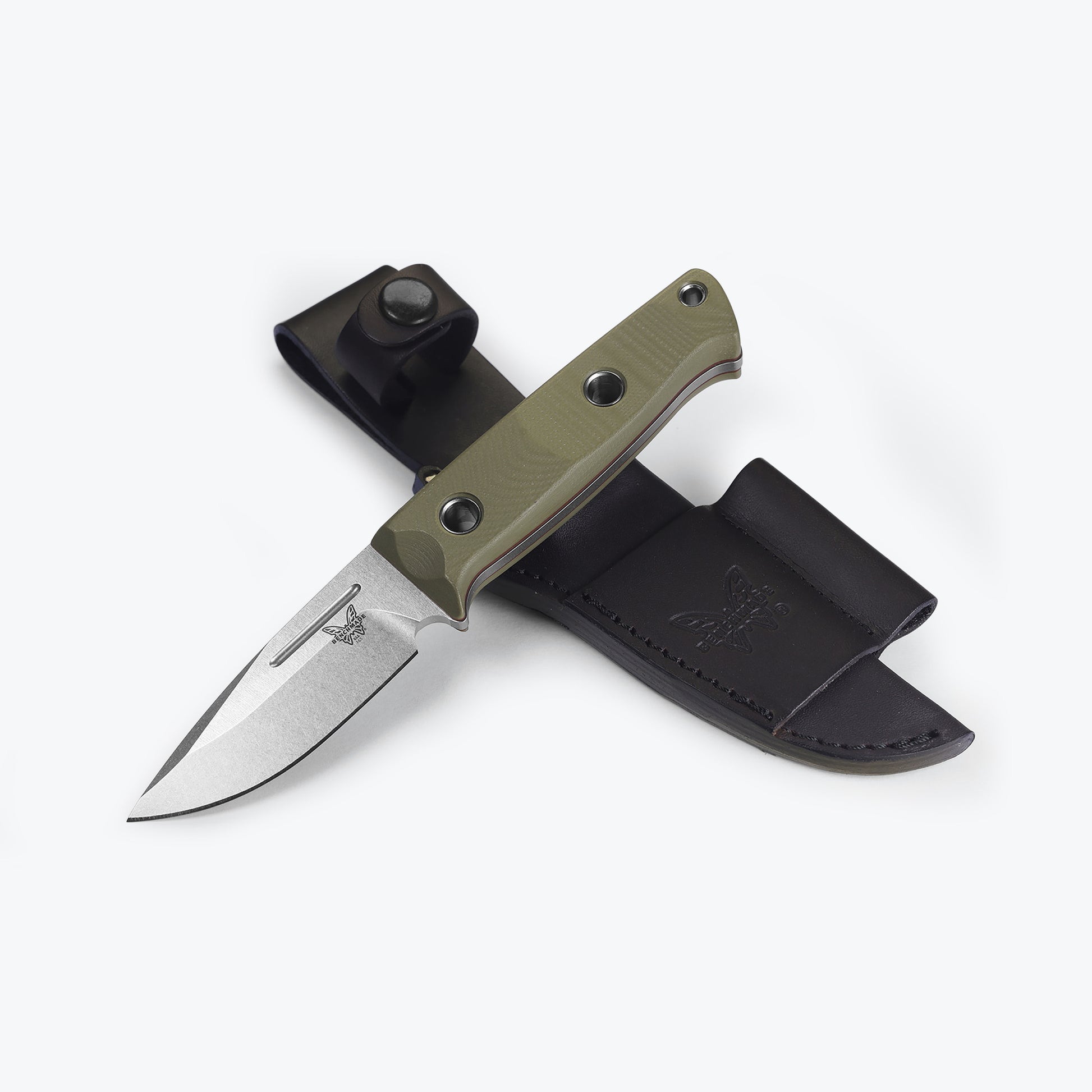 Benchmade 165-1 Mini Bushcrafter fixed blade knife with dark brown leather belt sheath and ferro rod loop — ClassicBlades
