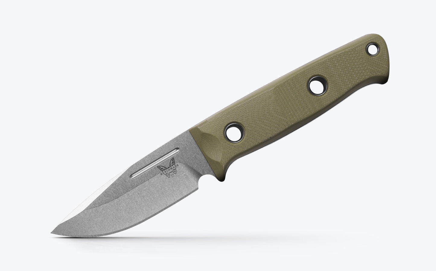 Benchmade 165-1 Mini Bushcrafter OD green G10 handle with red liners, hollow pins and lanyard hole — ClassicBlades