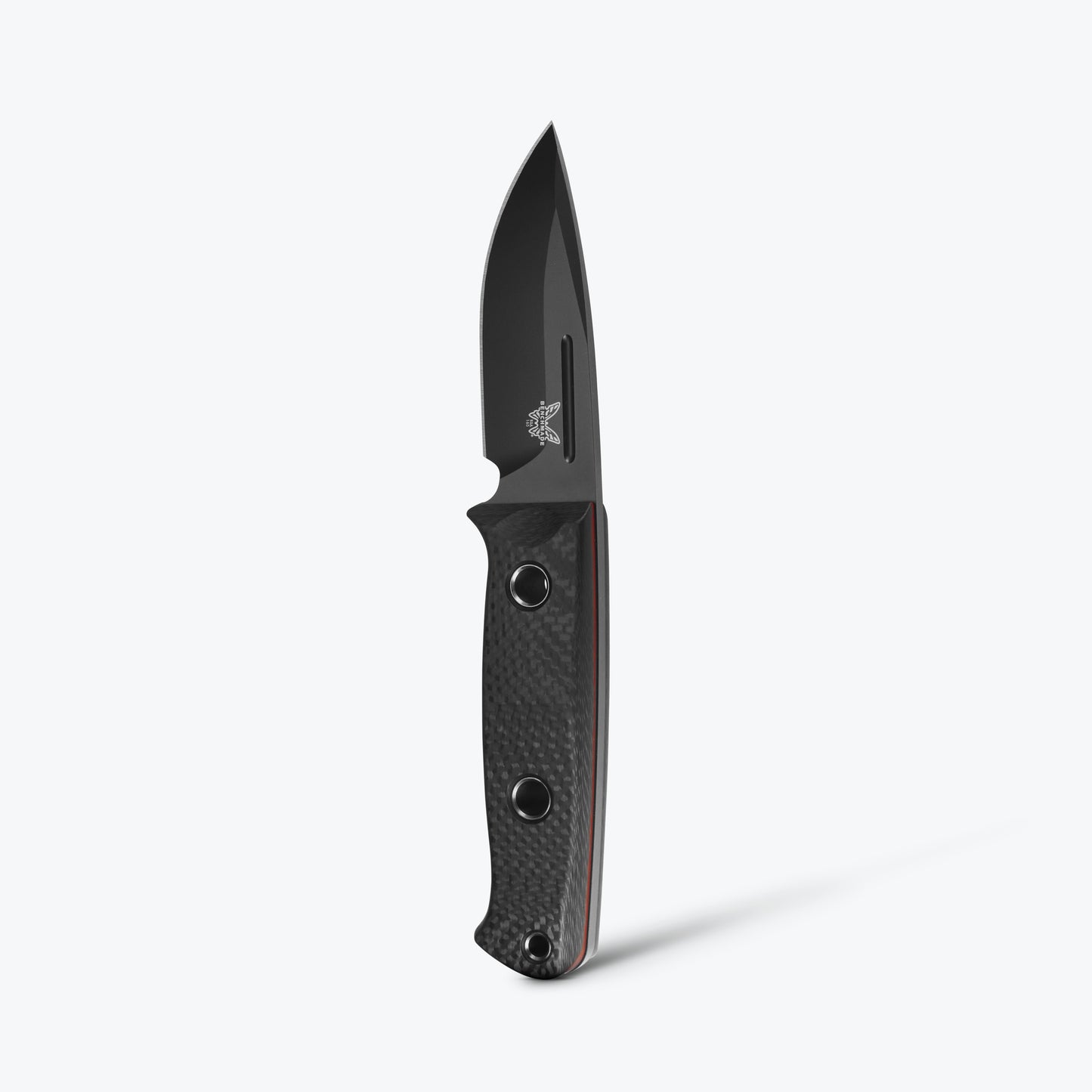 Benchmade 165BK Mini Bushcrafter carbon fiber 3K twill handle scales with red G-10 liners and full tang construction — ClassicBlades