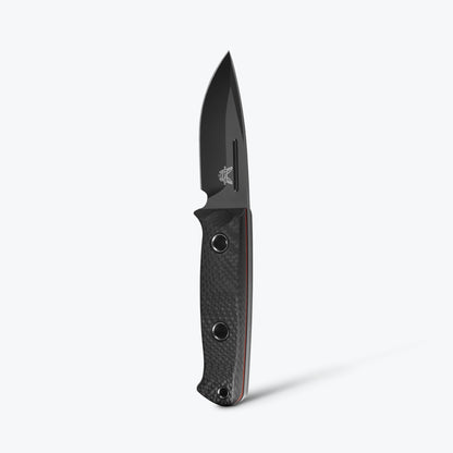 Benchmade 165BK Mini Bushcrafter carbon fiber 3K twill handle scales with red G-10 liners and full tang construction — ClassicBlades