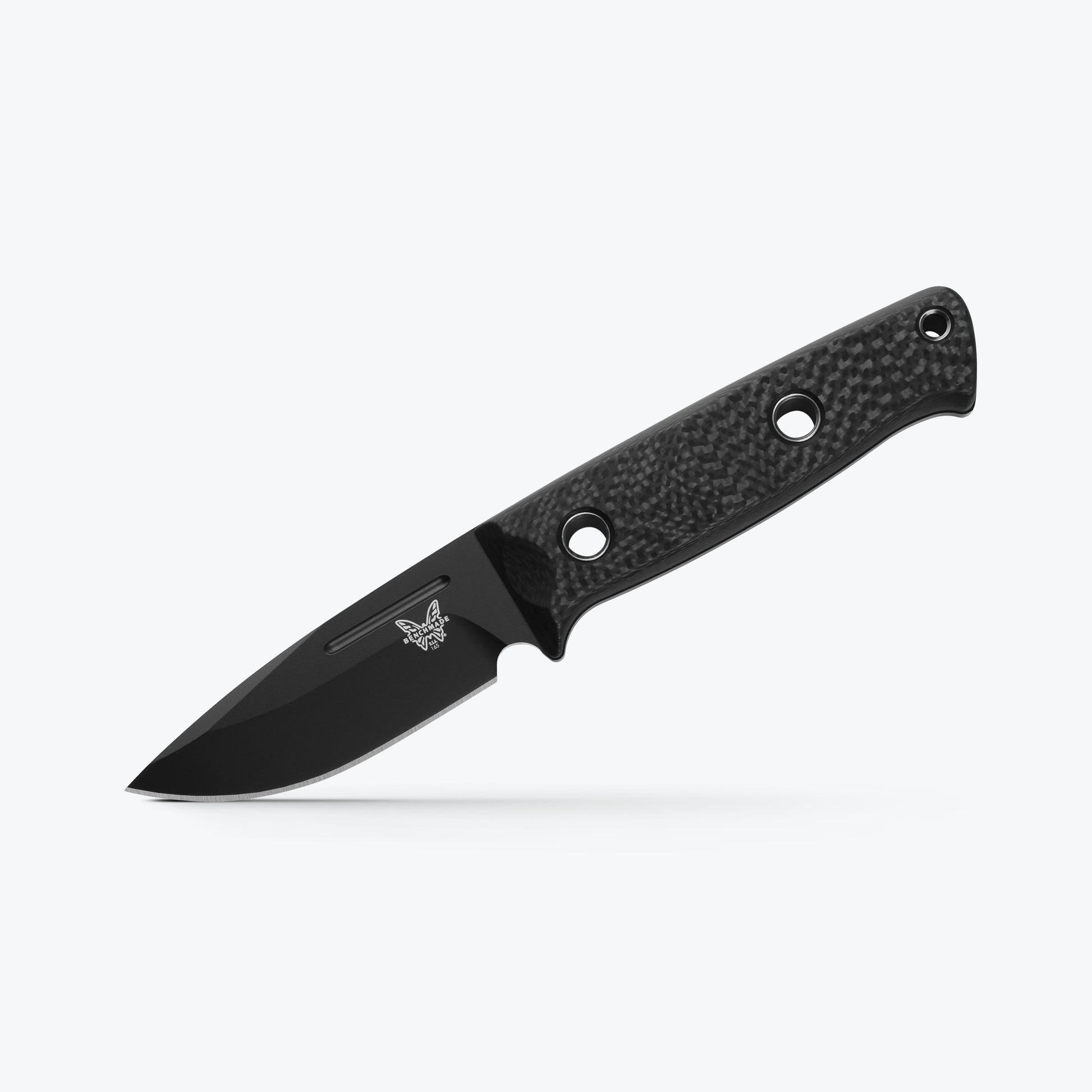 Benchmade 165BK Mini Bushcrafter 3.38 inch CPM-CruWear black Cerakote drop point blade detail — ClassicBlades