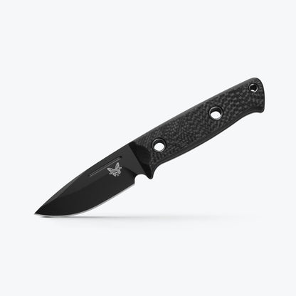 Benchmade 165BK Mini Bushcrafter 3.38 inch CPM-CruWear black Cerakote drop point blade detail — ClassicBlades