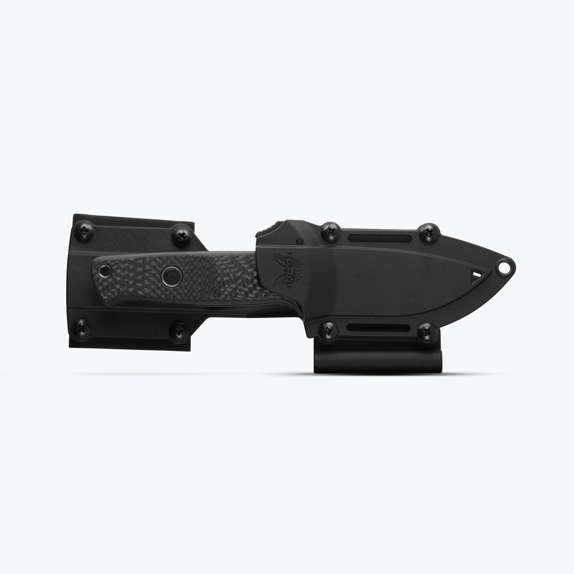 Benchmade 165BK Mini Bushcrafter fixed blade knife with carbon fiber handle and red G-10 liners and sheath — ClassicBlades