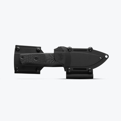 Benchmade 165BK Mini Bushcrafter fixed blade knife with carbon fiber handle and red G-10 liners and sheath — ClassicBlades