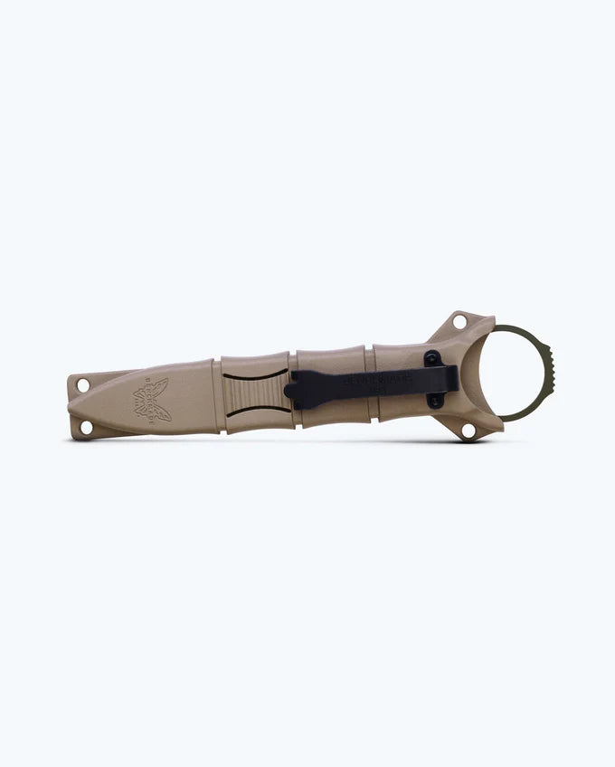Benchmade 177GN Mini SOCP Dagger shown in tan SOCP sheath with deep-carry J-hook clip for belt carry — ClassicBlades