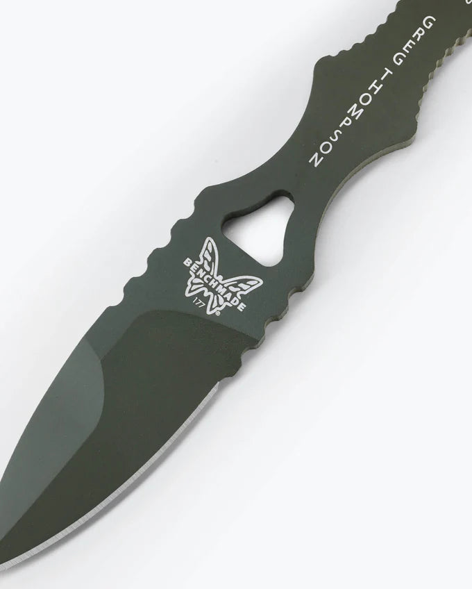 Benchmade 177GN Mini SOCP skeletonized OD Green 440C handle showing finger grooves and kunai-style finger ring — ClassicBlades