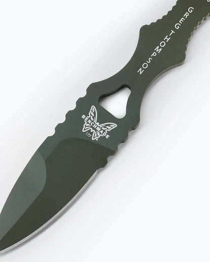 Benchmade 177GN Mini SOCP skeletonized OD Green 440C handle showing finger grooves and kunai-style finger ring — ClassicBlades