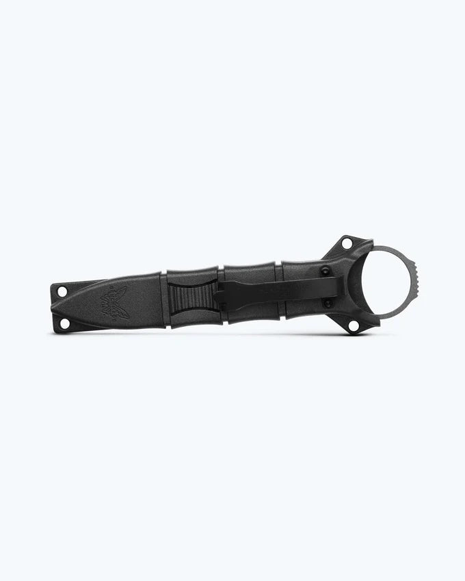 Benchmade 177GY Mini SOCP Dagger shown in black SOCP sheath with deep-carry J-hook clip for belt carry — ClassicBlades
