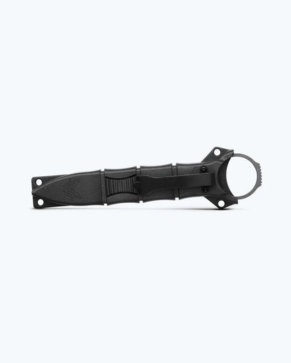 Benchmade 177GY Mini SOCP Dagger shown in black SOCP sheath with deep-carry J-hook clip for belt carry — ClassicBlades