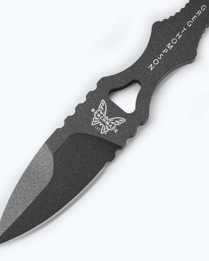 Benchmade 177GY Mini SOCP skeletonized Tungsten Gray 440C handle showing finger grooves and kunai-style finger ring — ClassicBlades