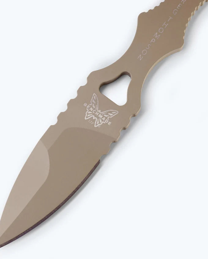 Benchmade 177SN Mini SOCP 2.22 inch 440C FDE Cerakote single edge spear point blade detail — ClassicBlades