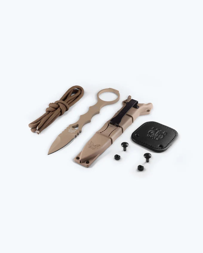 Benchmade 177SN Mini SOCP skeletonized FDE 440C handle showing finger grooves and kunai-style finger ring — ClassicBlades