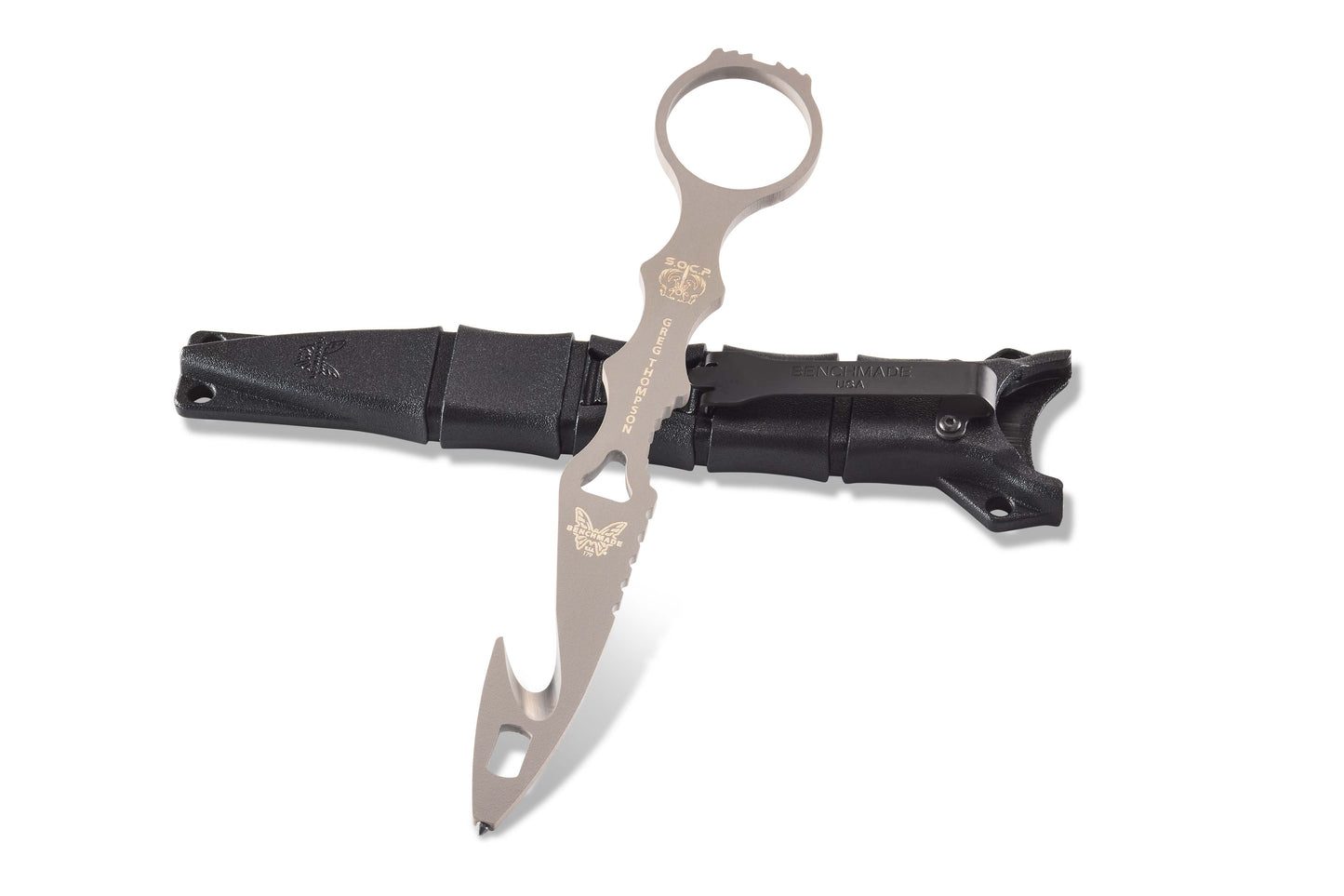 Benchmade 179GRY SOCP Rescue Tool and black MOLLE compatible injection molded sheath and deep-carry clip — ClassicBlades