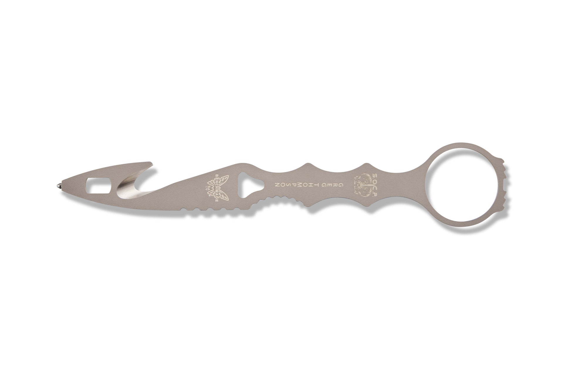 Benchmade 179GRY SOCP Rescue Tool with gray 440C rescue hook, glass breaker and finger ring closeup— ClassicBlades