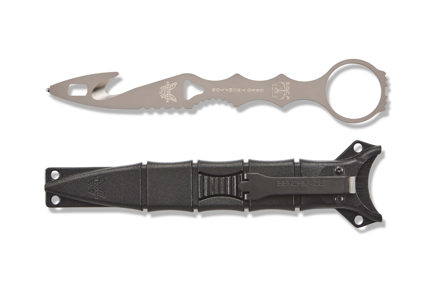 Benchmade 179GRY SOCP Rescue Tool with black MOLLE compatible injection molded sheath and deep-carry clip — ClassicBlades