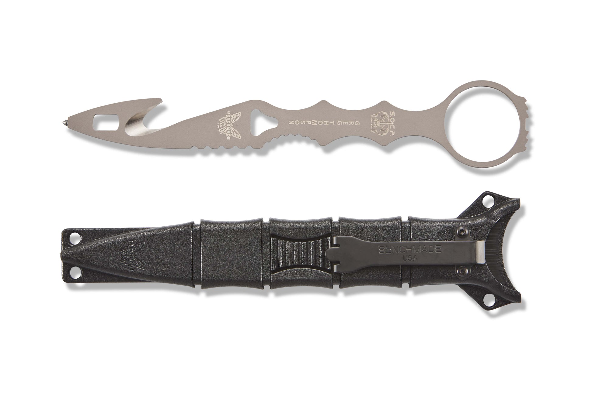 Benchmade 179GRY SOCP Rescue Tool with black MOLLE compatible injection molded sheath and deep-carry clip — ClassicBlades