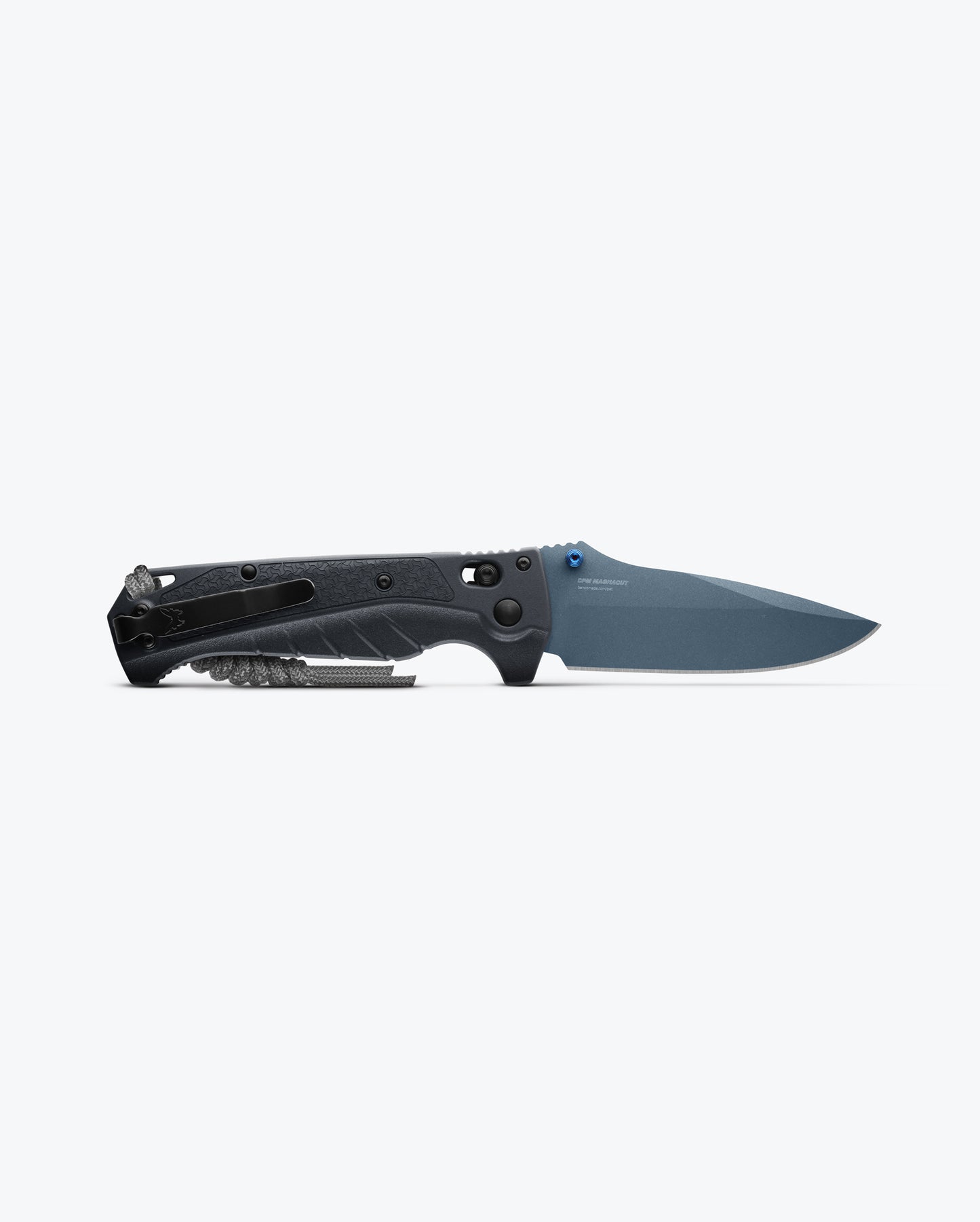Benchmade 18060BT-01 Adira tempest gray Grivory handle with blue PVD thumb stud, charcoal paracord lanyard and AXIS Lock — ClassicBlades