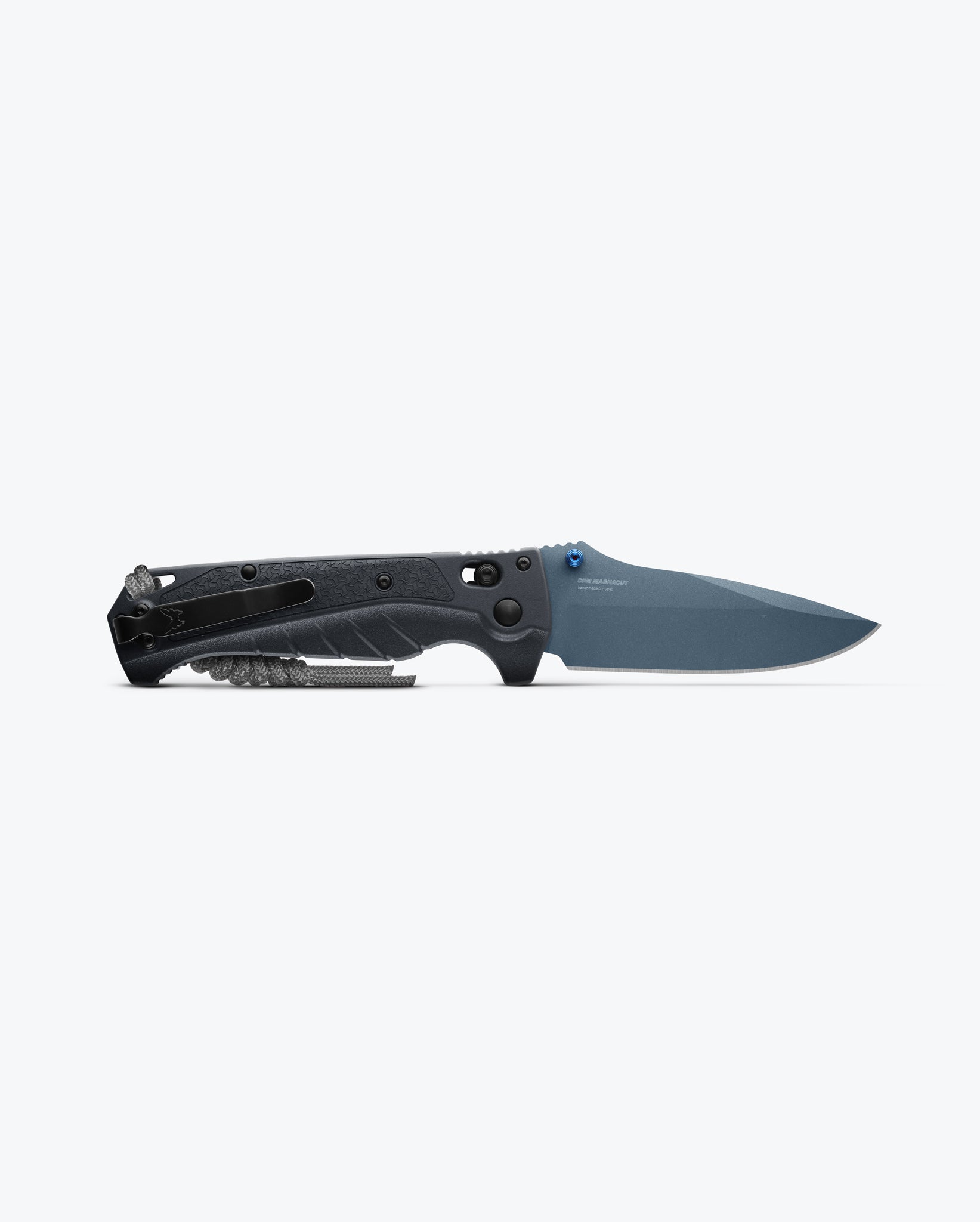 Benchmade 18060BT-01 Adira tempest gray Grivory handle with blue PVD thumb stud, charcoal paracord lanyard and AXIS Lock — ClassicBlades