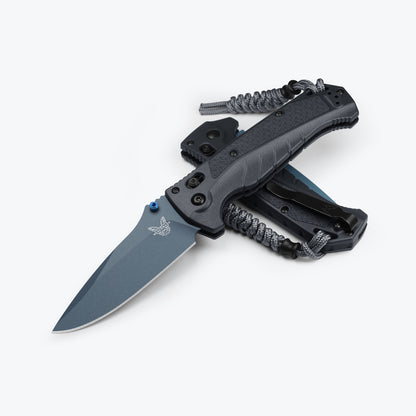 Benchmade 18060BT-01 Adira folding knife with tempest gray Grivory handle and blue PVD hardware — ClassicBlades