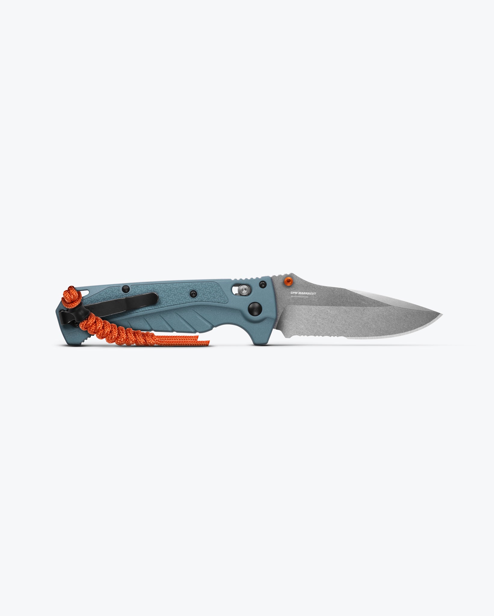 Benchmade 18060S Adira depth blue Grivory handle with orange thumb stud, orange nylon lanyard and AXIS Lock detail — ClassicBlades