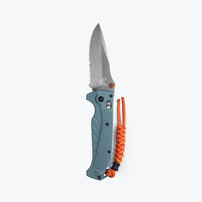 Benchmade 18060S Adira depth blue Grivory handle with orange thumb stud, orange nylon lanyard and AXIS Lock — ClassicBlades