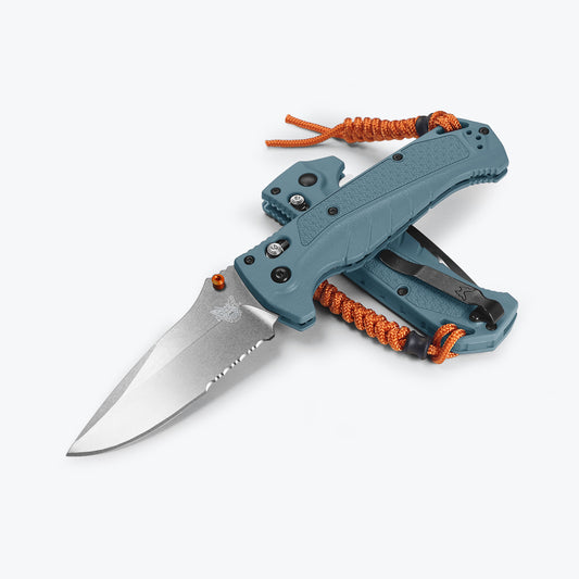 Benchmade 18060S Adira serrated folding knife with depth blue Grivory handle and orange anodized thumb stud — ClassicBlades